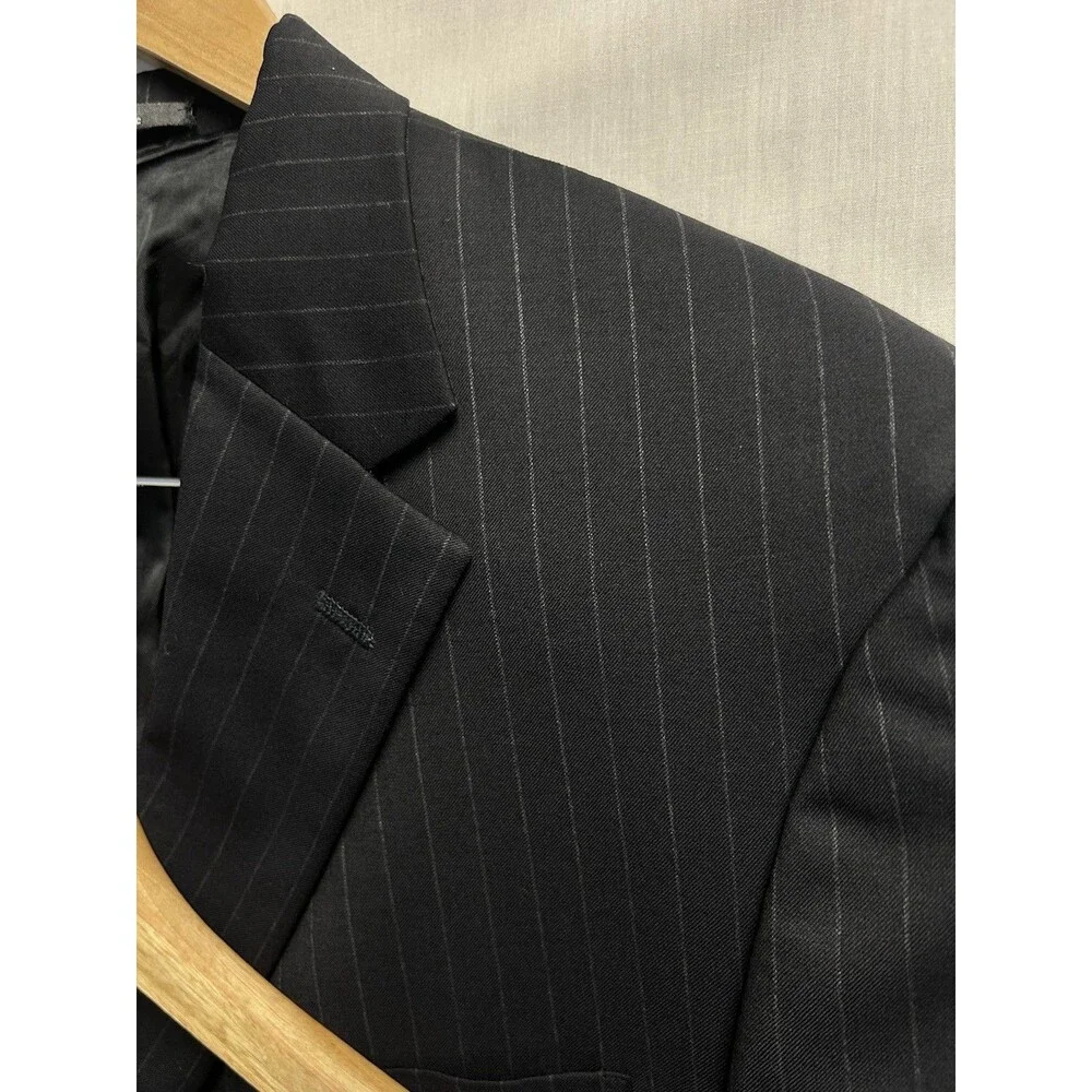Austin Reed Black Pinstripe Suit Bespoke Mens 48 L Pants 38/32 Pleated Cuffed